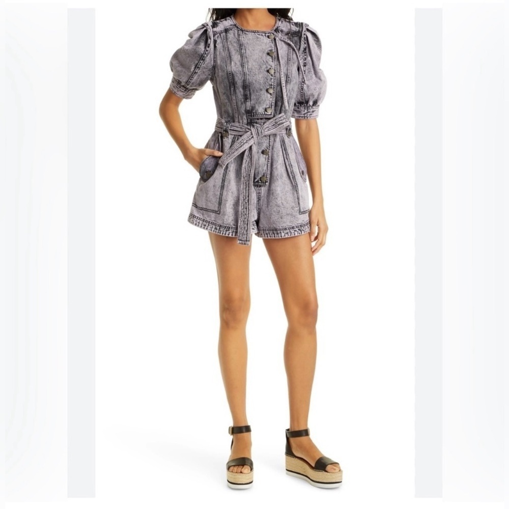 Ulla Johnson Purple Carmine Acid Denim Romper In Lilac Puff Sleeve Size 6 - Picture 3 of 7